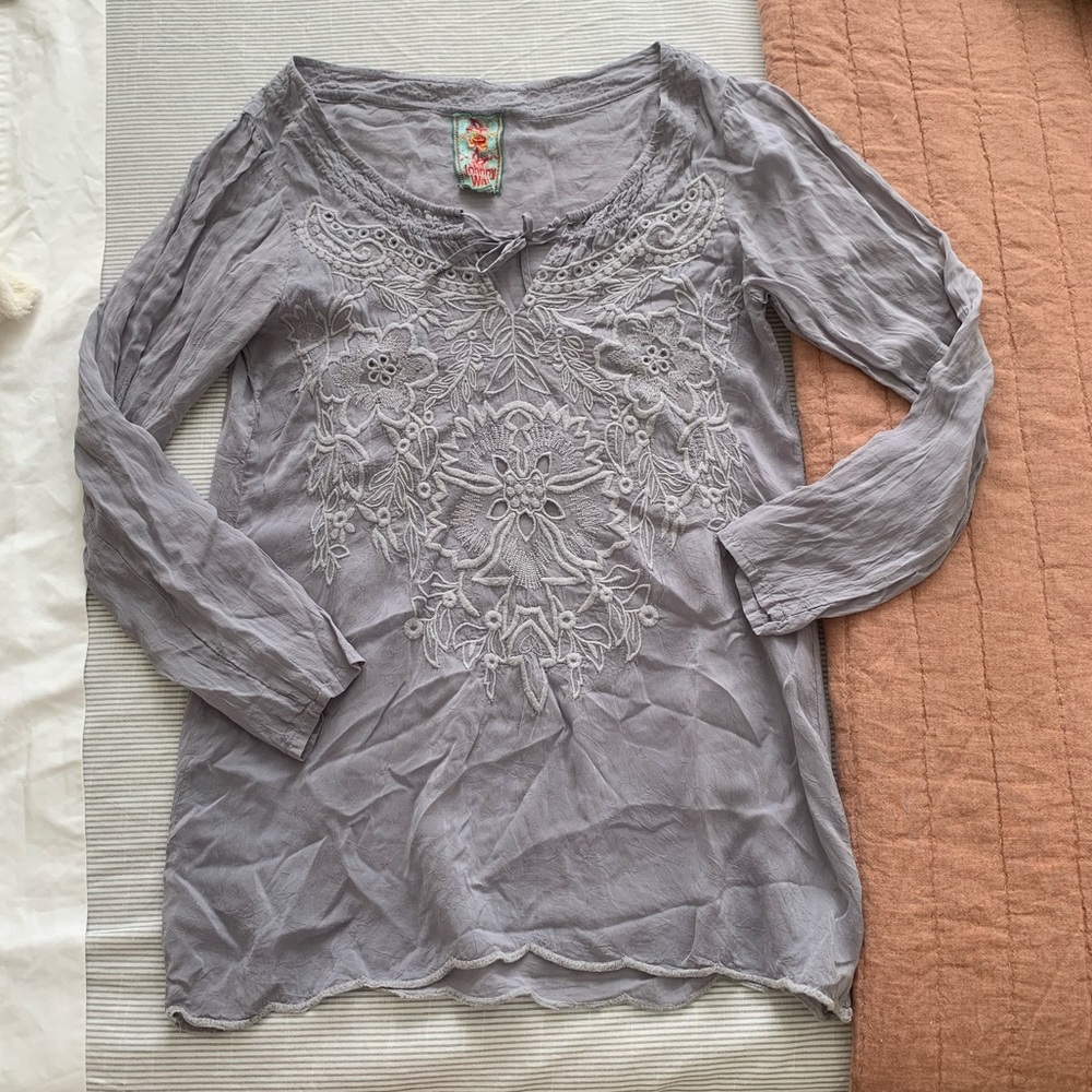 Johnny Was Women’s Small Cupra Rayon Embroidered Long Sleeve Keyhole